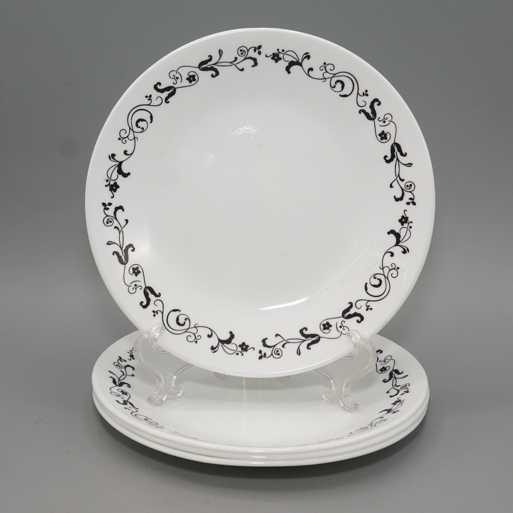 Corelle Garden Getaway Salad Dessert Plates Set of 4 Black Floral Scroll 8.5"